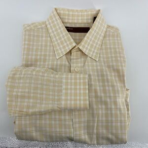 Perry Ellis Men's Cream Plaid Dress Shirt- Size Large